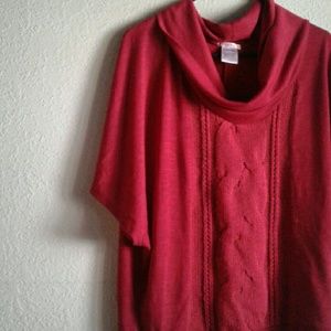 Red cable knit cowel- neck short sleeve sweater